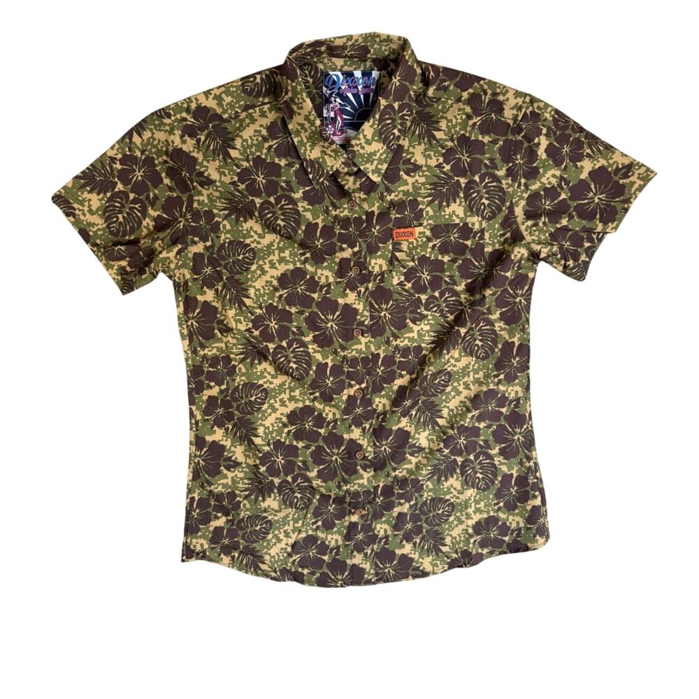 Dixxon Aloha Series Womens Large Green Camo Button Up Party Shirt Short Sleeve